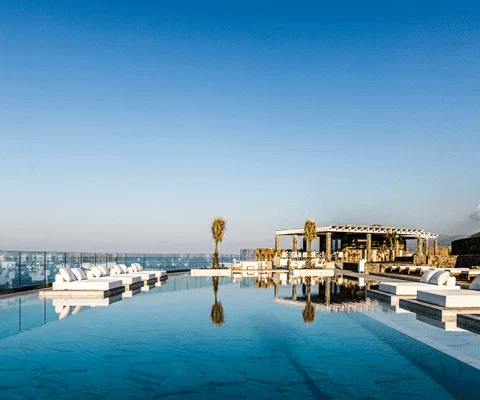 The pool area at Abaton sits between two stylish restaurants