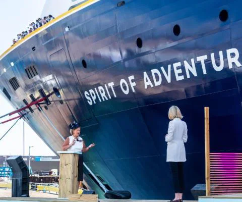The ship's godmother, Commodore Inga Kennedy, formally named Spirit of Adventure on Monday (Credit: Saga Cruises)