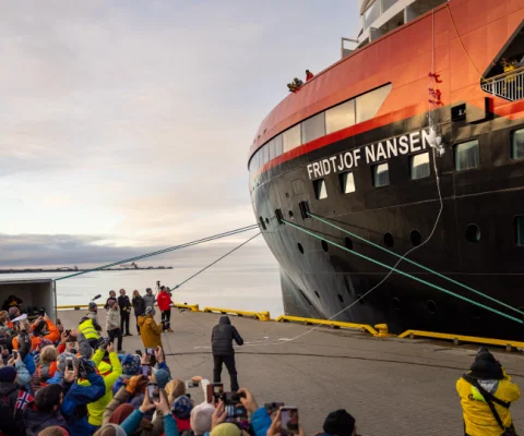 A chunk of ice was crushed against the hull of the vessel as opposed to the traditional bottle of Champagne (Credit: Espen Mills)