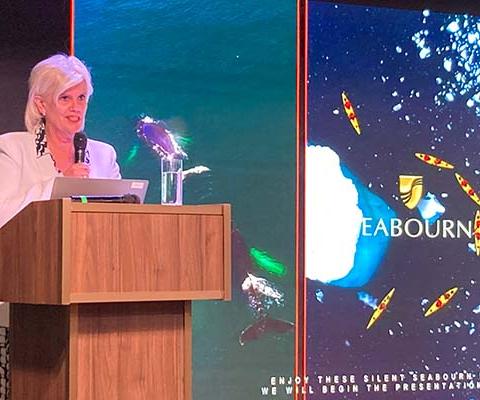 Lynn Narraway spoke during a trade event in Tilbury onboard Seabourn Venture