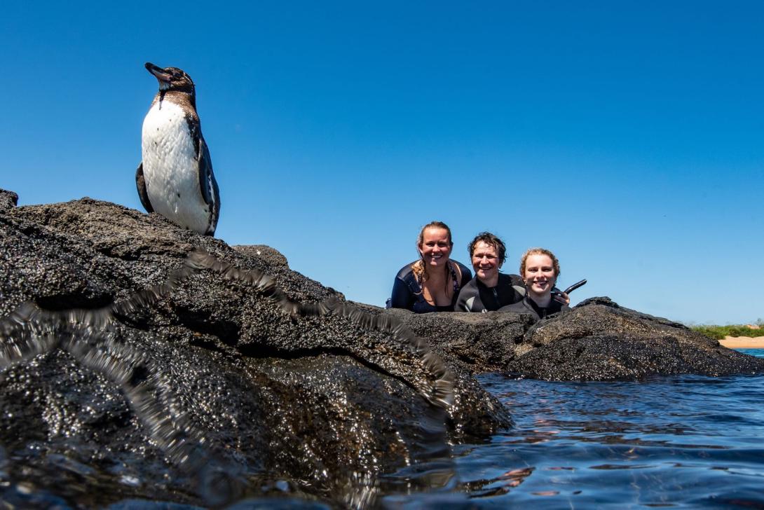 A penguin sits on a rock with a group of people smiling behind