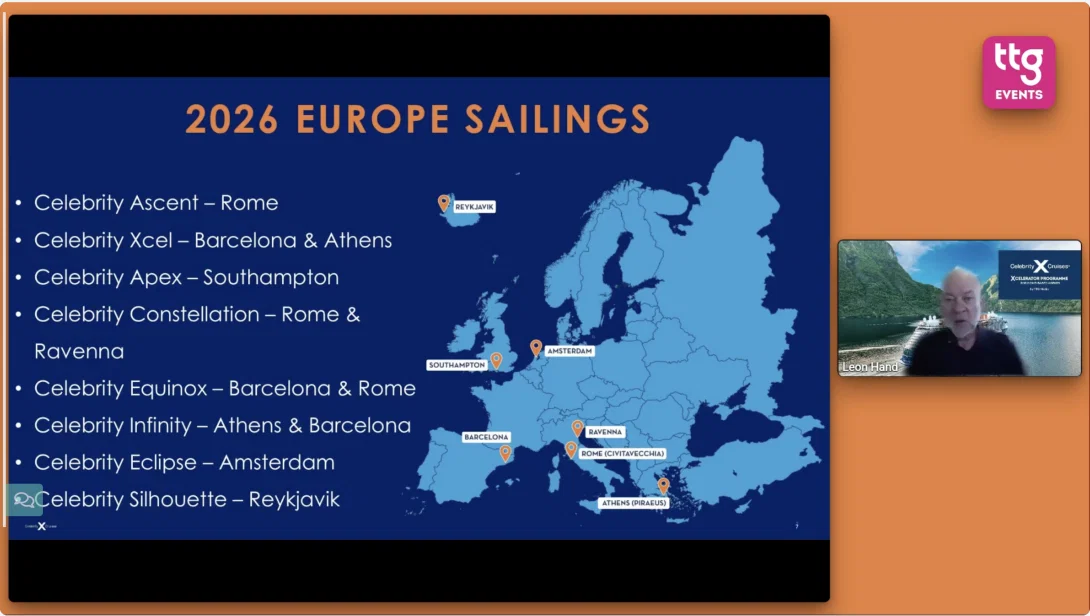 Screenshot of webinar session with Leon Hand and a map of Celebrity Cruise Ships sailing in Europe in 2026