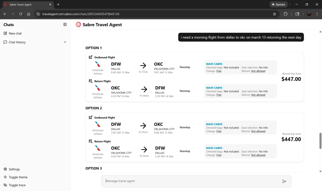 Demo shopping experiences within a Sabre chat app