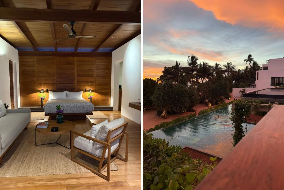 Two pictures: modern hotel suite with wooden finishes and white king-sized bed, outdoor infinity pool