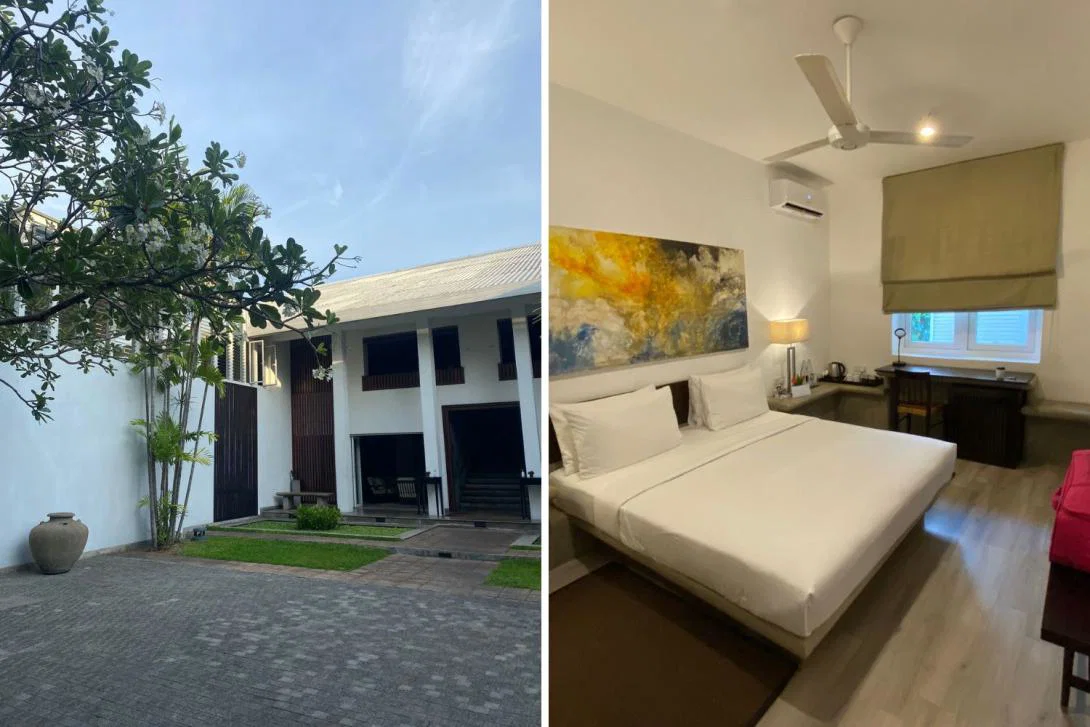 Two pictures: White lodge with green trees outside, modern, bright bedroom with king-sized bed, ceiling fan and timber floors