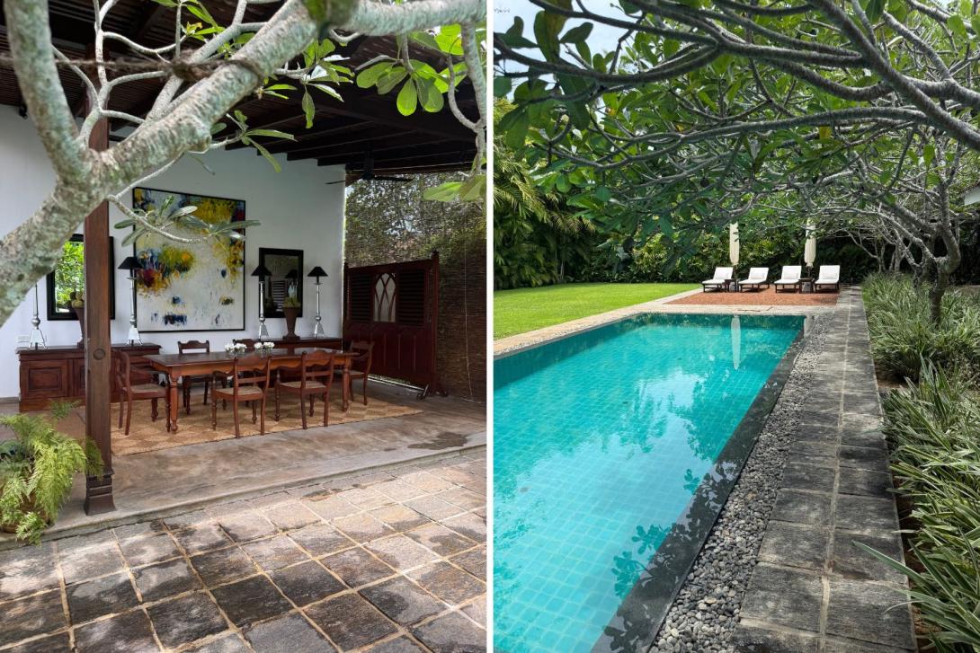 Two pictures: White lodge with green trees and an outdoor pool