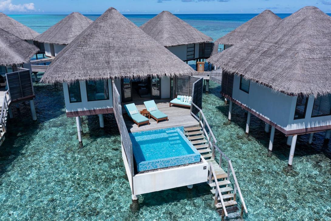 Aerial shot of Maldives villa with pool