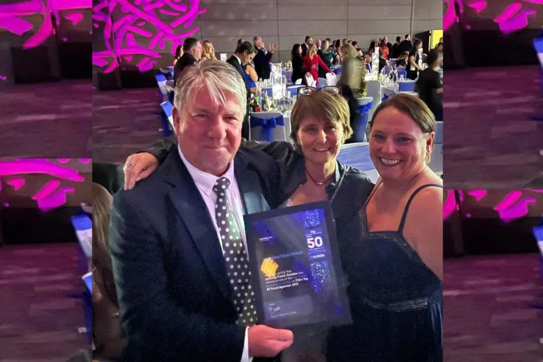 Man and two women smiling after winning business award