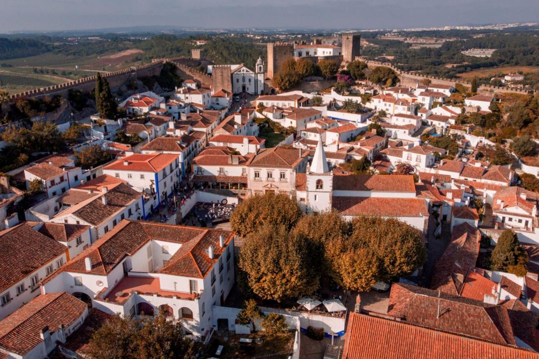 Aerial shot of Óbidos, a walled Portuguese town