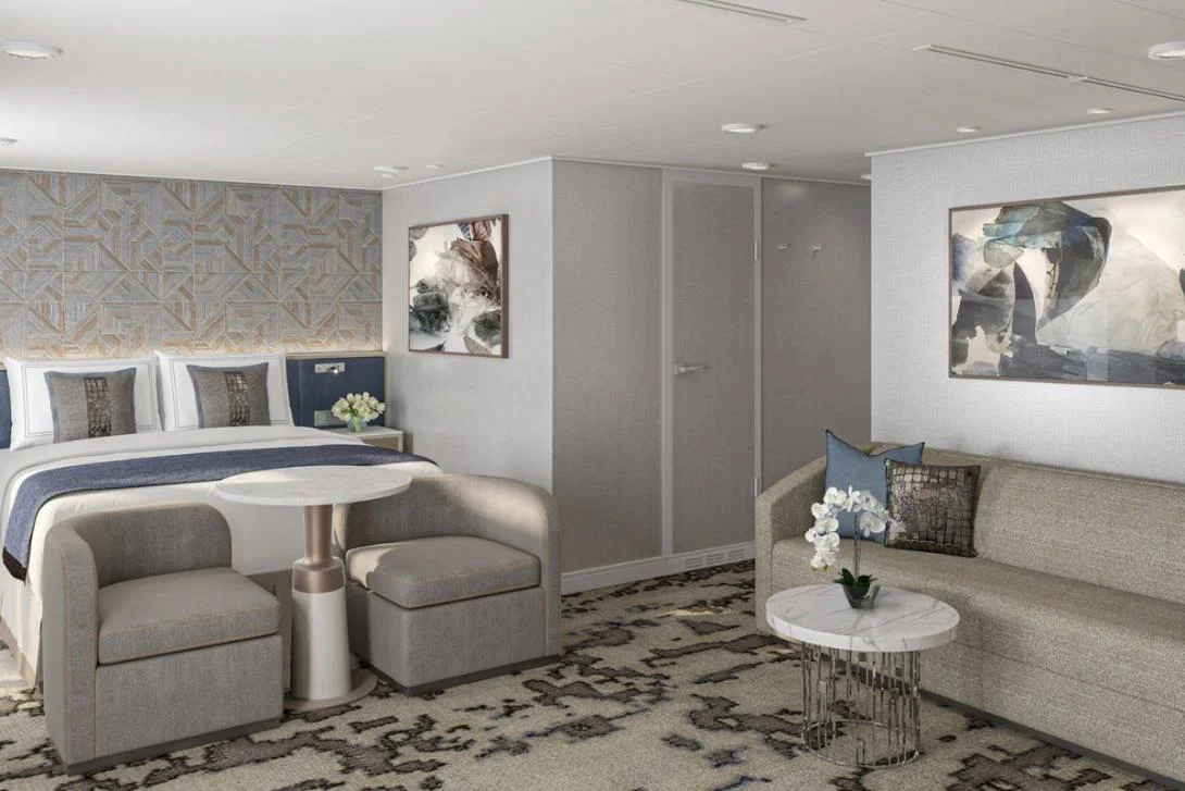 Luxury cruise cabin in cool grey tones