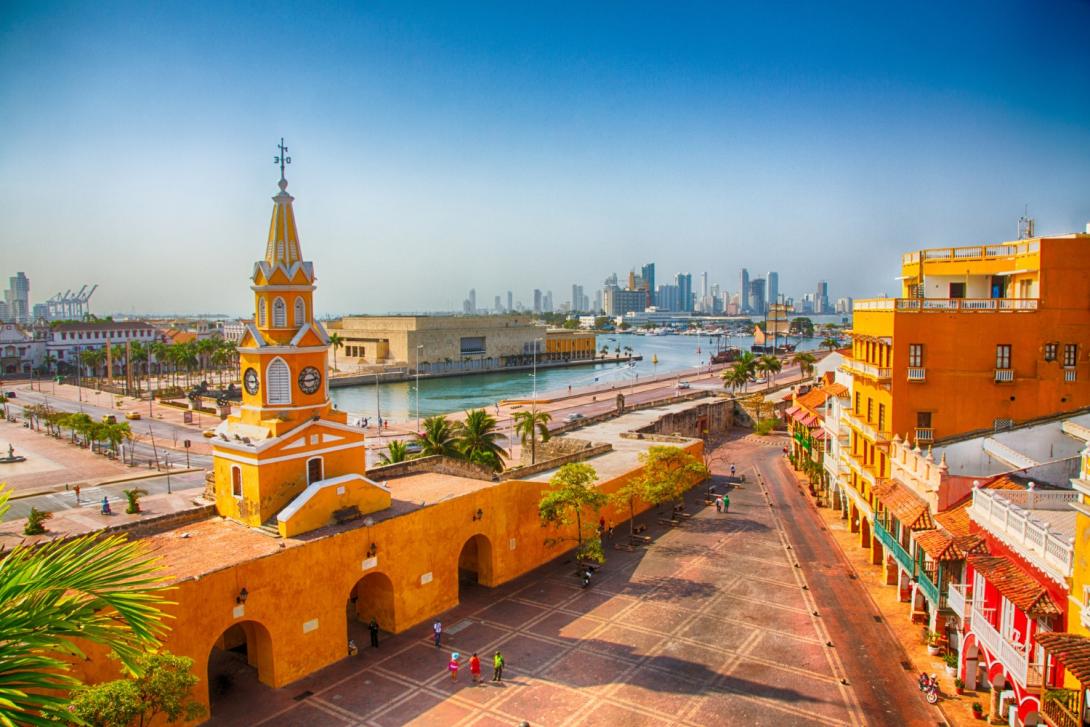 Aerial shot of Cartagena, a coastal city in Colombia with a clock tower