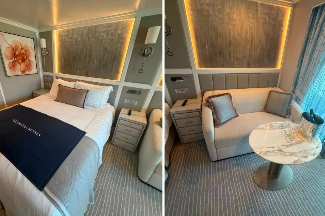 Two photos: one of a luxurious king-sized bed in a cruise stateroom, one of a small sofa and coffee table