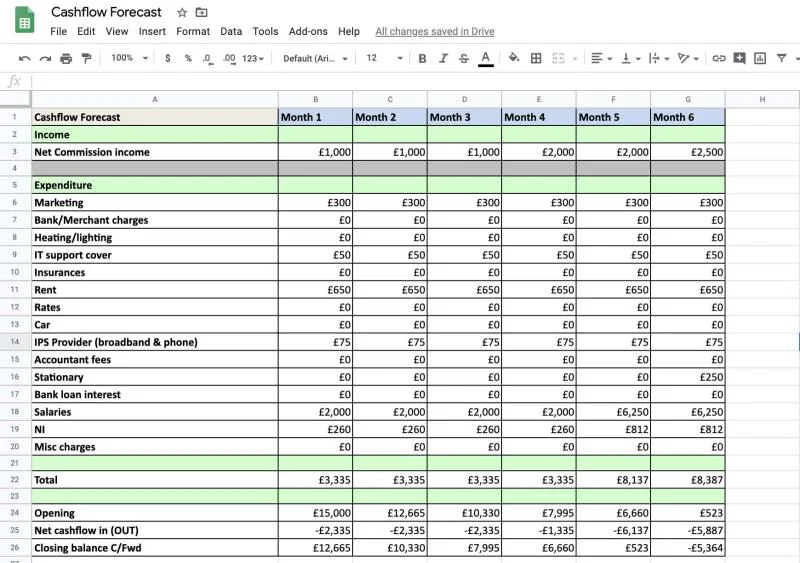 You can use Microsoft Excel or Google Sheets to create your cash flow forecast document
