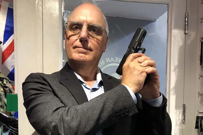 Peter Ellegard does his best Bond impression at AGL Airsoft, Camden