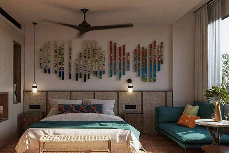 Rooms will feature bright turquoise as an accent colour alongside a neutral base