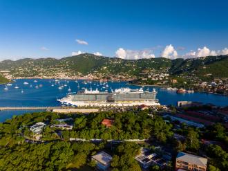 Princess Cruises ship surrounded by Caribbean setting, with blue ocean and tropical trees