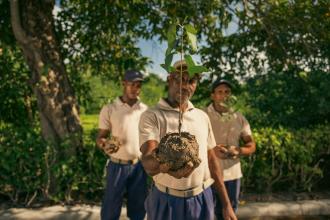Man holding up a tree seedling with two other gardners behind him