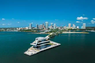 View of city skyline in St Pete. Clearwater, with large yacht in the foreground