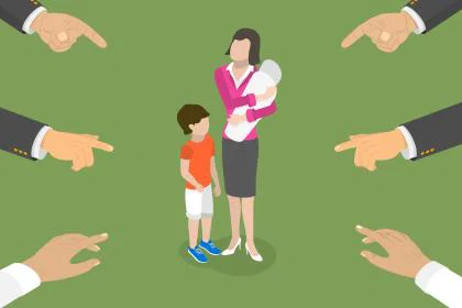 Woman holding baby and child surrounded by men pointing fingers